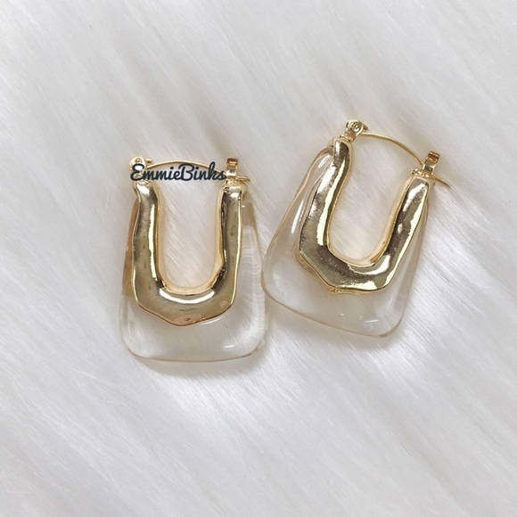 New Anthropologie Gold Rimmed Resin U Shape Huggie Hoop Earrings - Picture 10 of 16
